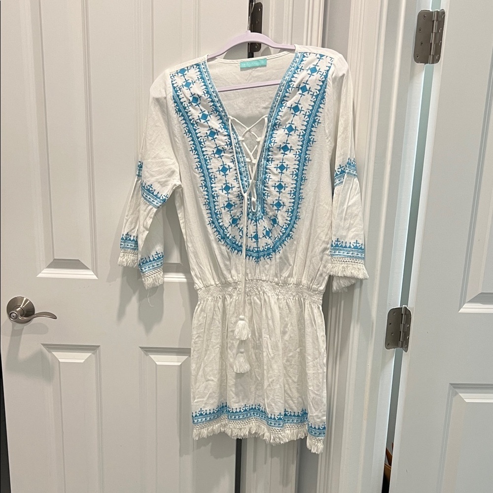 Melissa Odabash White Dress with Blue Embroidery